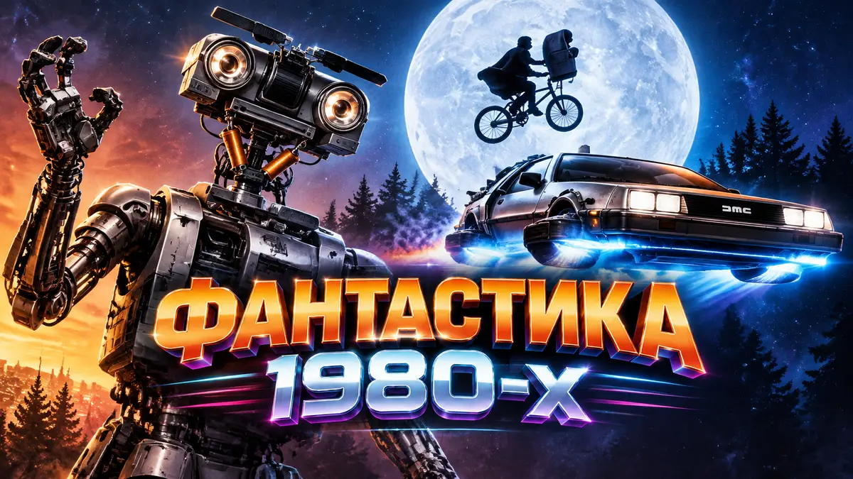 Постер в стиле фантастики 1980-х: робот Джонни 5, ДеЛориан и летящий на велосипеде мальчик на фоне луны