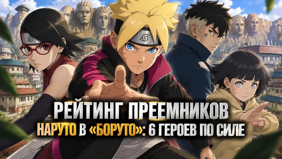Боруто Удзумаки в центре на фоне Конохи, рядом Сарада, Кавакэ и Химавари — арт преемников Наруто