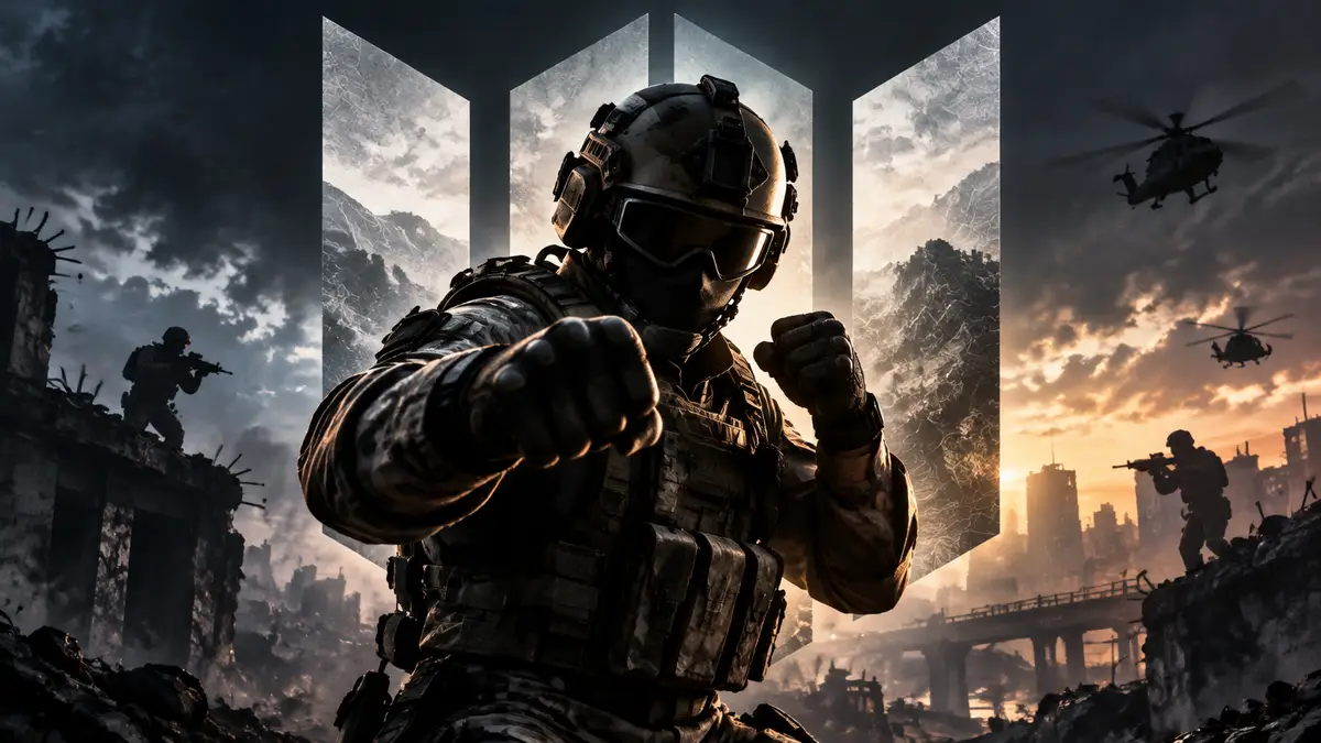 Солдат Call of Duty в современной экипировке в стойке рукопашного боя на фоне логотипа новой подсерии