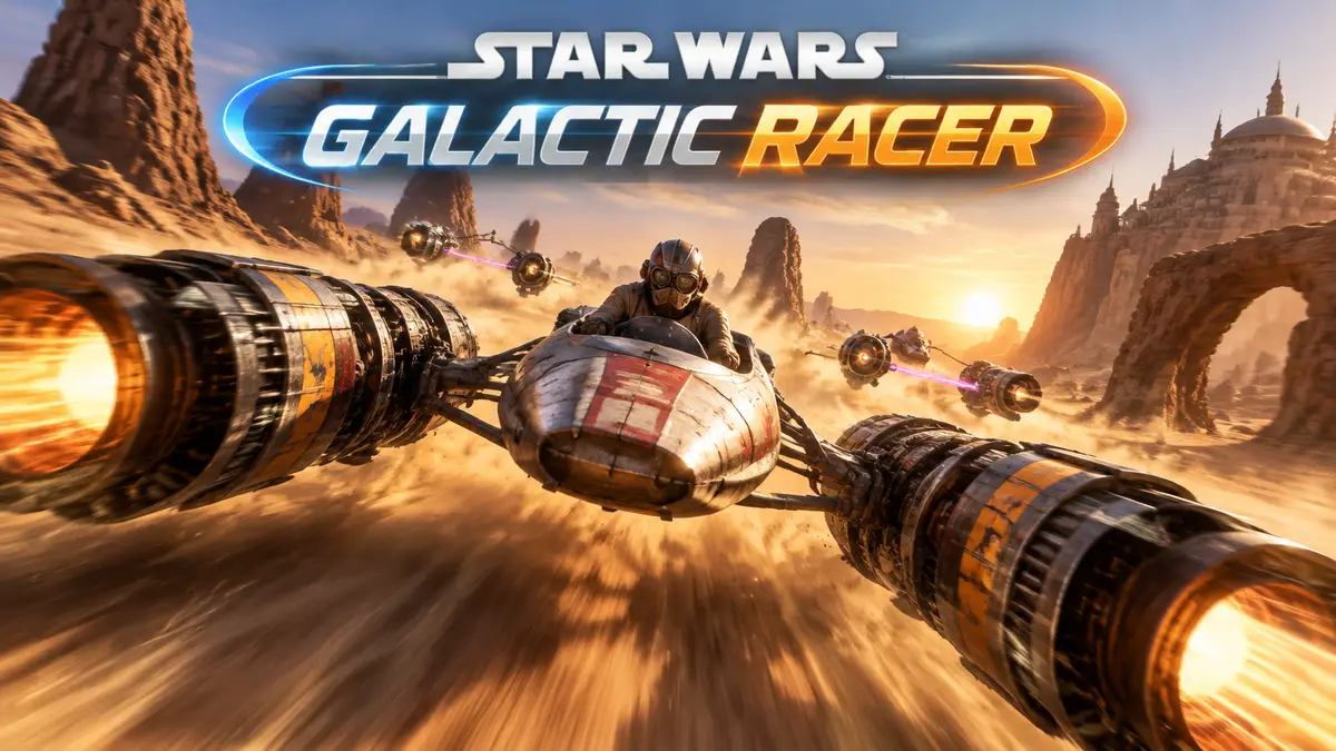 Гоночный под Star Wars: Galactic Racer несётся над пустыней на огромной скорости, логотип игры сверху