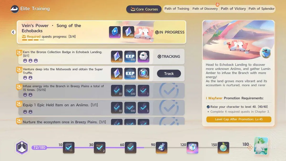 An Elite Training menu from Aniimo with quests and challenges.