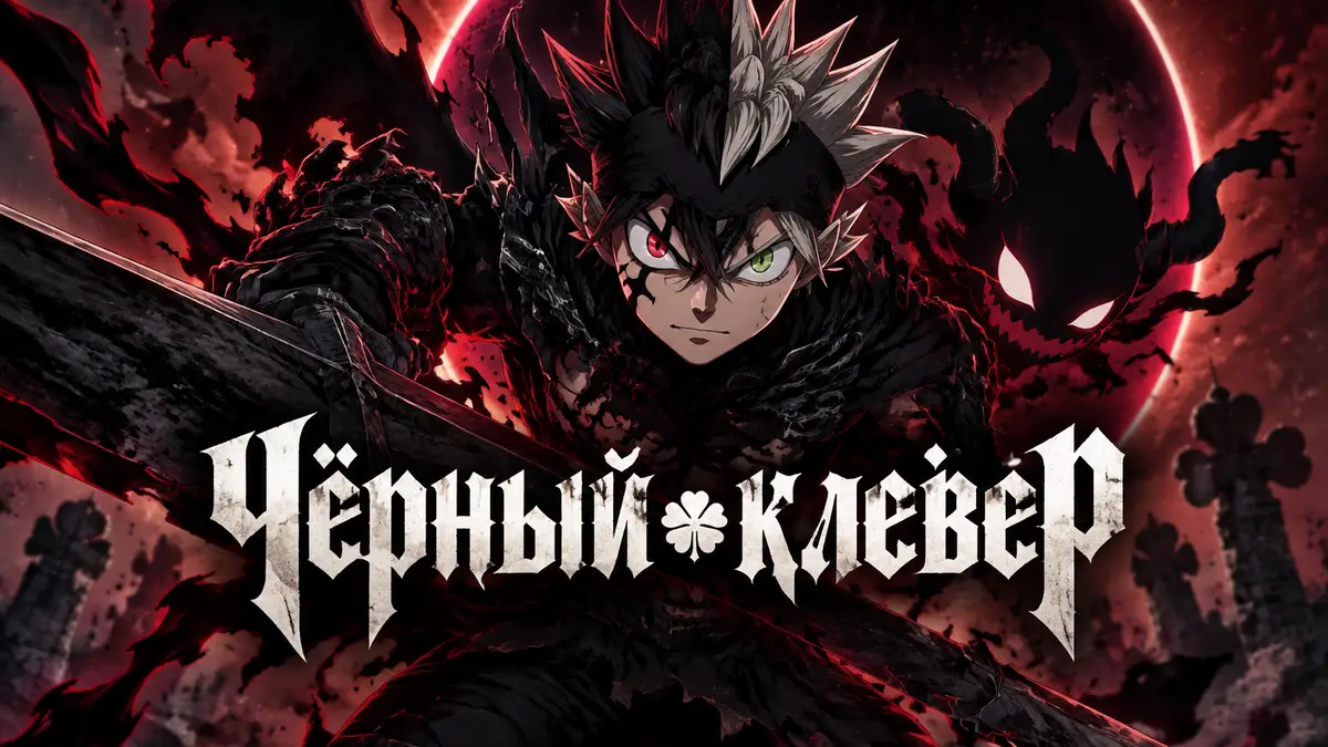 Аста из «Чёрный клевер» в форме True Devil Union, тело в чёрной броне антимагии, рядом тень демона Либе