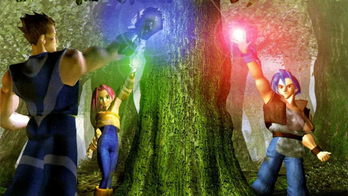 The three main characters of Legend of Legaia, raising their hands towards a tree and sending their magic out to them