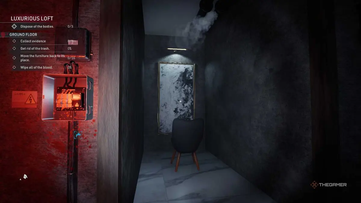 Kovalsky looks at a a vertical frame next to a fusebox in Crime Scene Cleaner