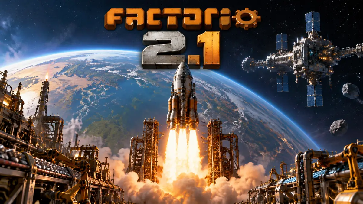 Ракета Factorio взлетает с завода к космической платформе на орбите планеты, логотип Factorio 2.1