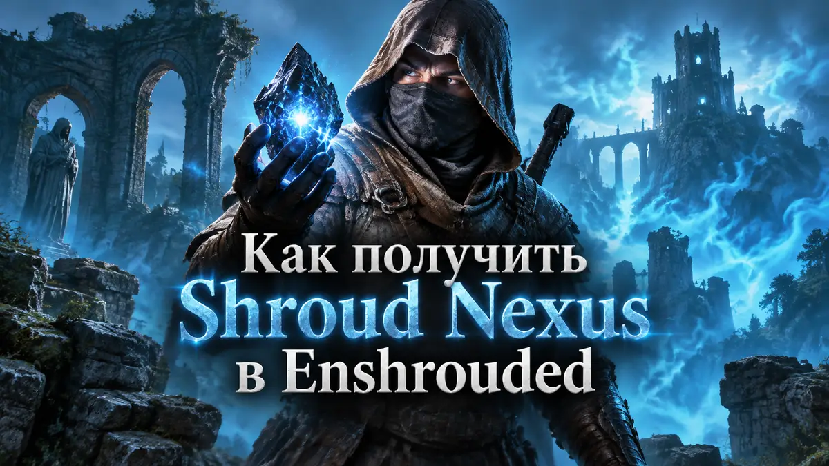 Персонаж Enshrouded с сияющим материалом Shroud Nexus на фоне древних руин и синей пелены