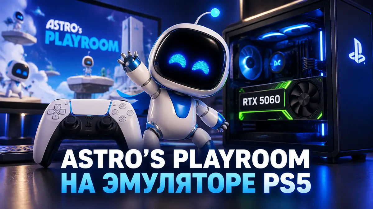 Робот Астро из Astro's Playroom рядом с геймерским ПК с видеокартой RTX 5060 и геймпадом DualSense, эмуляция PS5