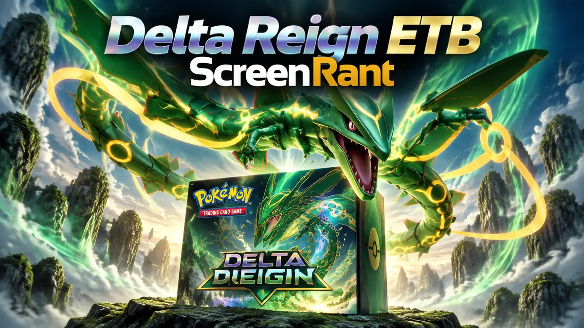 Зелёный Mega Rayquaza парит над коллекционной коробкой Pokémon TCG Delta Reign с голографическим блеском