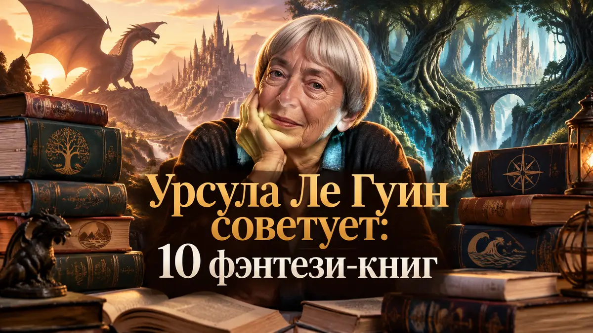 Урсула Ле Гуин среди стопок книг фэнтези, позади дракон, замок и волшебный лес в книжной иллюстрации