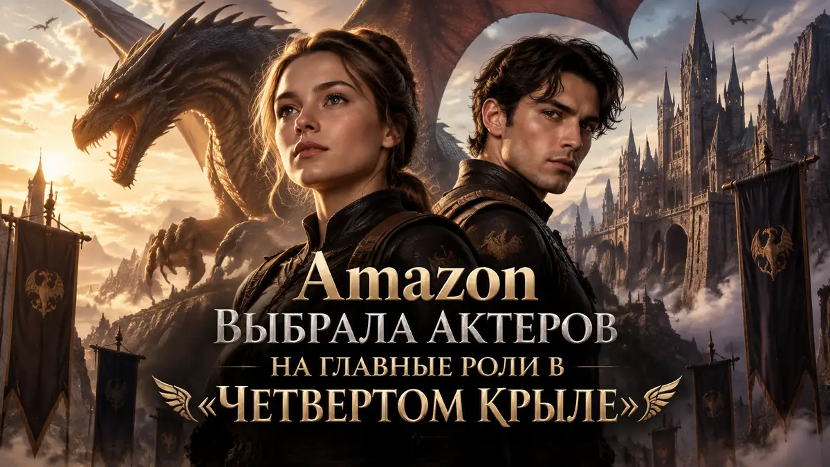 Вайолет Сорренгейл и Ксейден Риорсон на фоне дракона и академии Басгиат, постер сериала «Четвертое крыло»