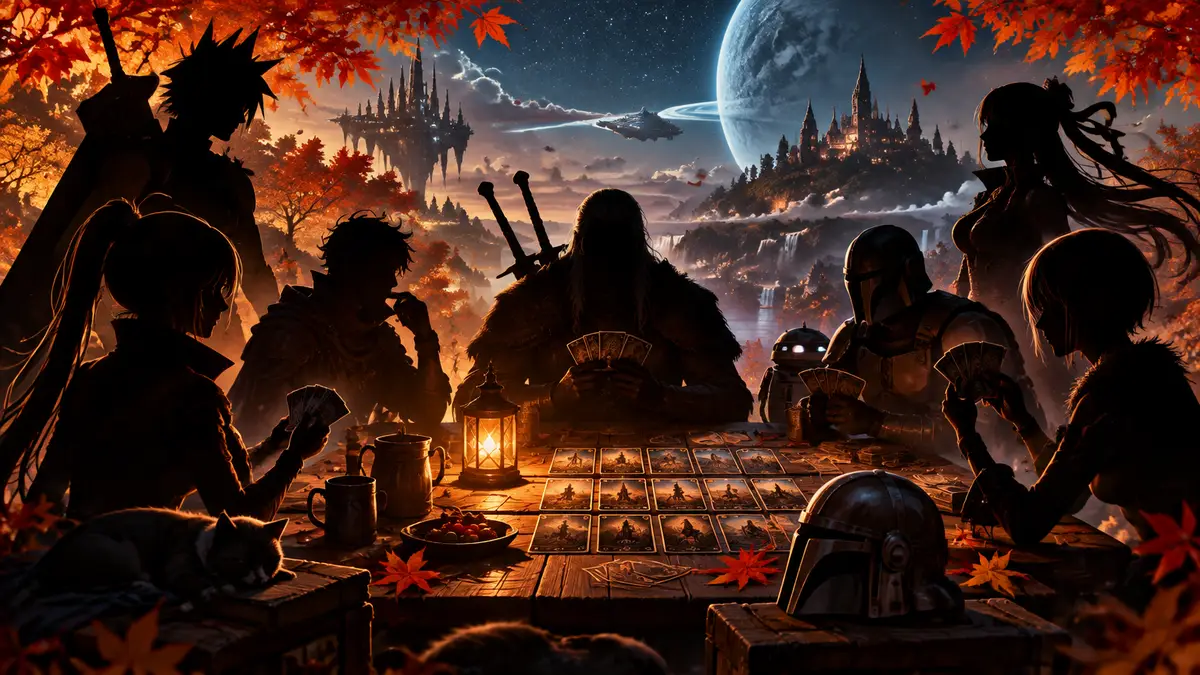 Герои пошаговых RPG осени 2026 вокруг стола с картами Gwent на фоне осенних листьев и звёздного неба
