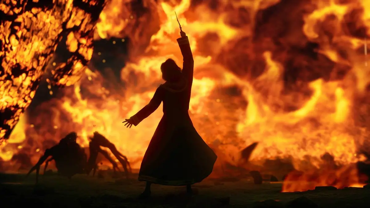 Hogwarts Legacy Press kit image wizard with flame background