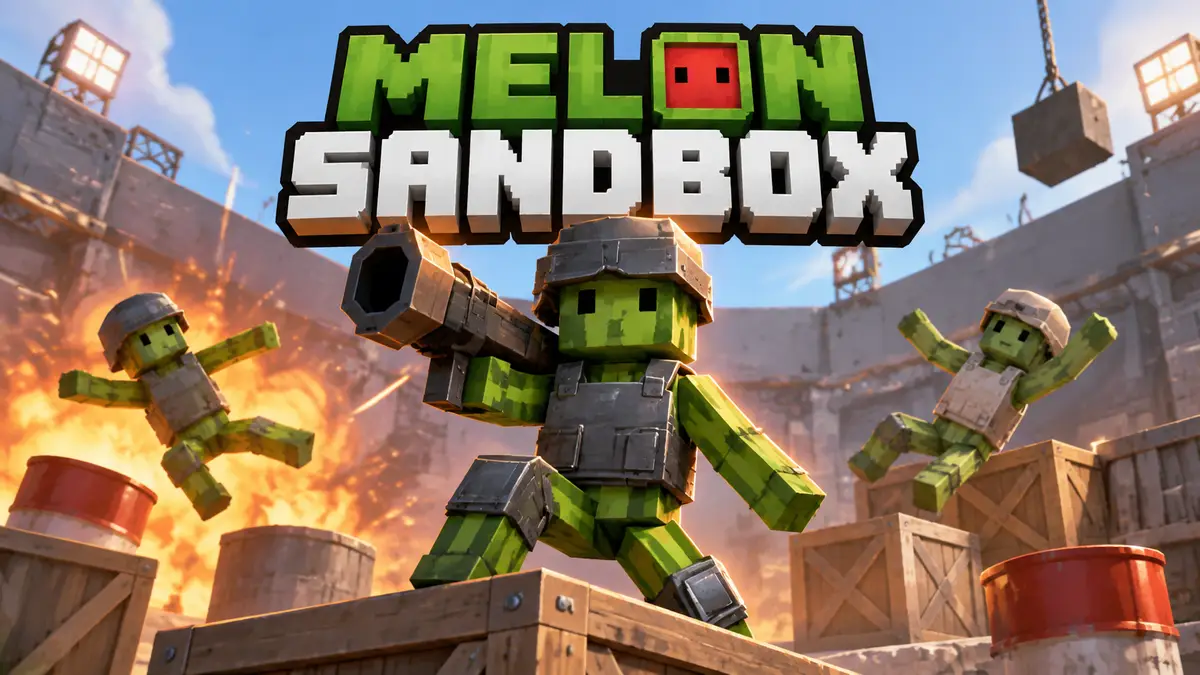 Мультяшные человечки-арбузы в шлемах и броне на арене Melon Sandbox среди ящиков и бочек