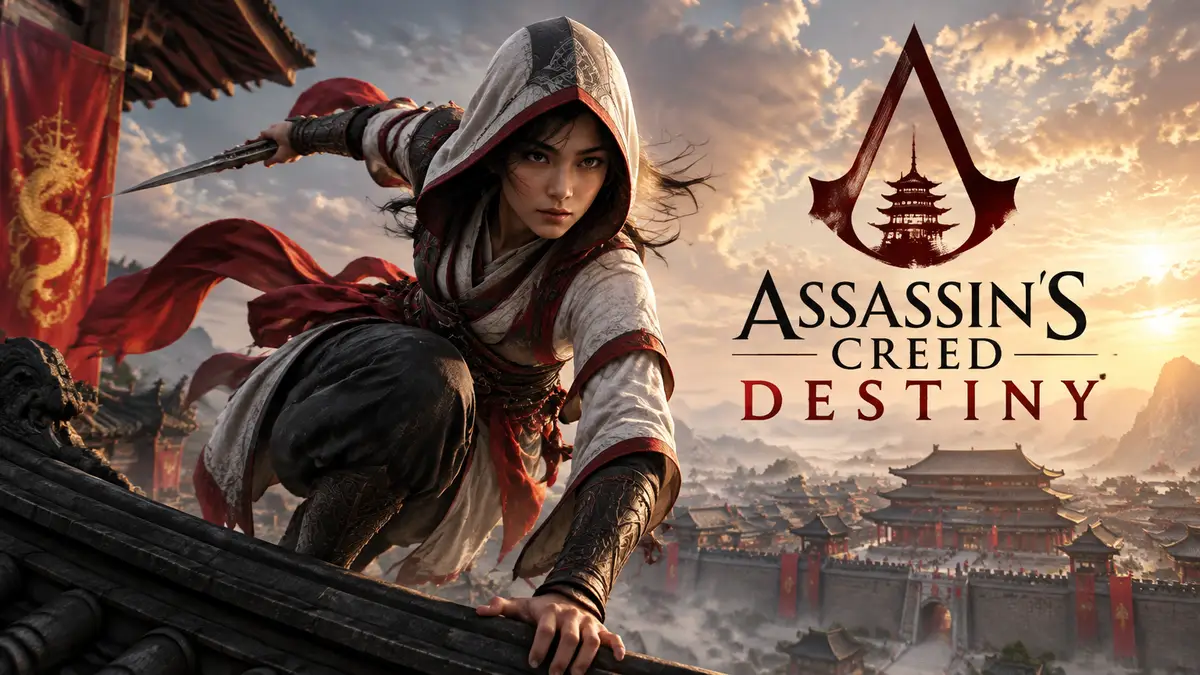 Девушка-ассасин в китайском облачении над дворцом эпохи Цинь, логотип Assassin's Creed Destiny