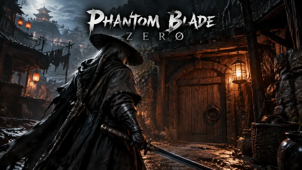 Воин в тёмных одеждах с клинком у двери погреба в трущобах Pangzhen, key art Phantom Blade Zero