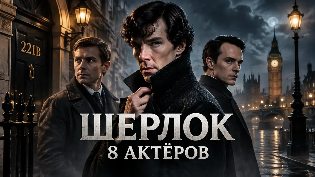 Шерлок Холмс в длинном пальто на фоне Бейкер-стрит, 221B и ночного Лондона, постер ремейка «Шерлок»