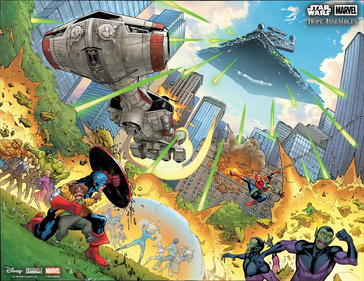 Captain America and other Marvel Heroes taking cover from a Star Destroyer over NYC