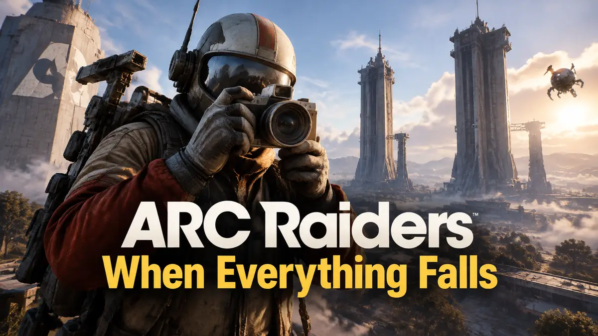 Рейдер с фотокамерой на фоне стартовых башен Spaceport в стиле ARC Raiders, квест When Everything Falls
