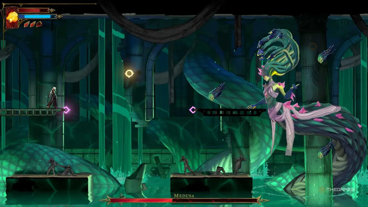 A player finding The Prophetess clues and defeating Medusa in Castlevania: Belmont's Curse.