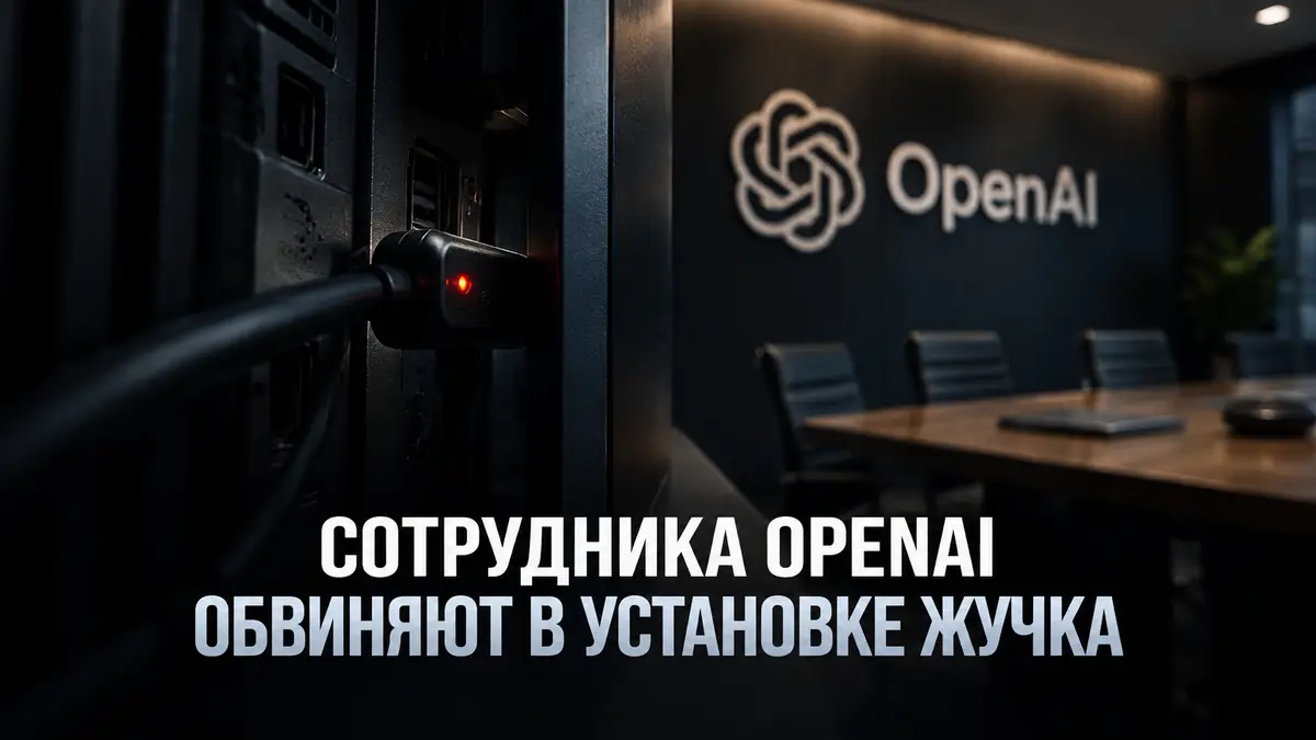 Миниатюрный жучок в USB-порту за телевизором в переговорной OpenAI, тёмные тона, логотип OpenAI