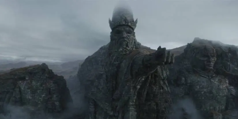 Baylan Skoll with statues of the Father and Son on Peridea in Ahsoka Episode 8.