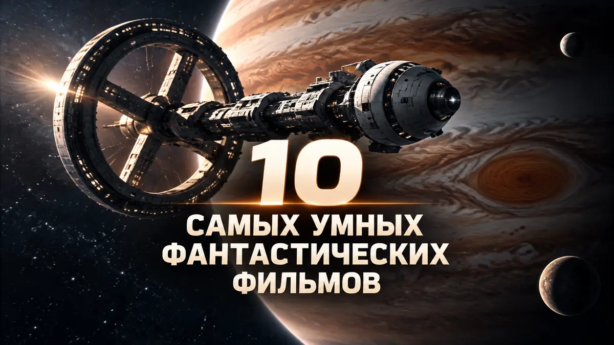 Космический корабль на фоне Юпитера и звёзд — постер подборки умных научно-фантастических фильмов
