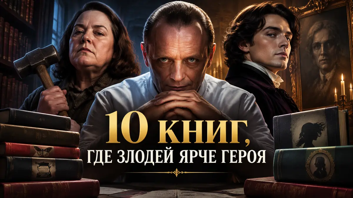 Книжные злодеи: Ганнибал Лектер, Энни Уилкс и Дориан Грей у старинного портрета, постер подборки книг