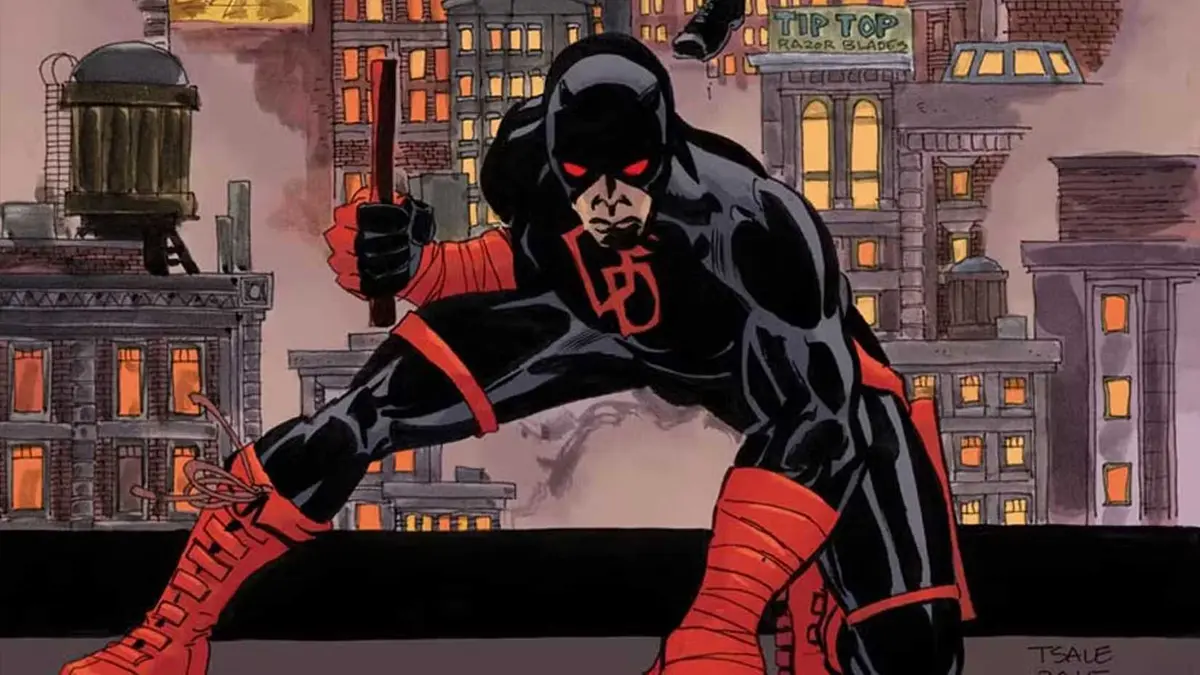 Daredevil's Back in Black suit as he crouches on an NYC rooftop