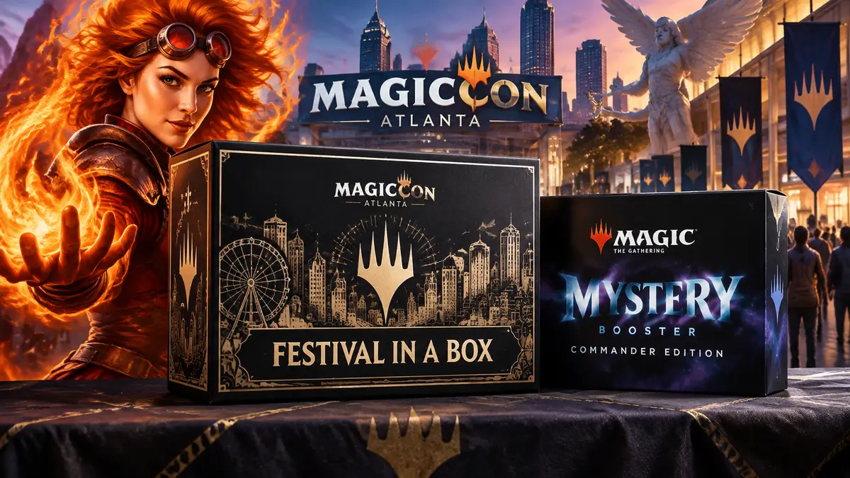 Коробка Festival in a Box и Mystery Booster Commander Edition Magic: The Gathering на фоне MagicCon Atlanta
