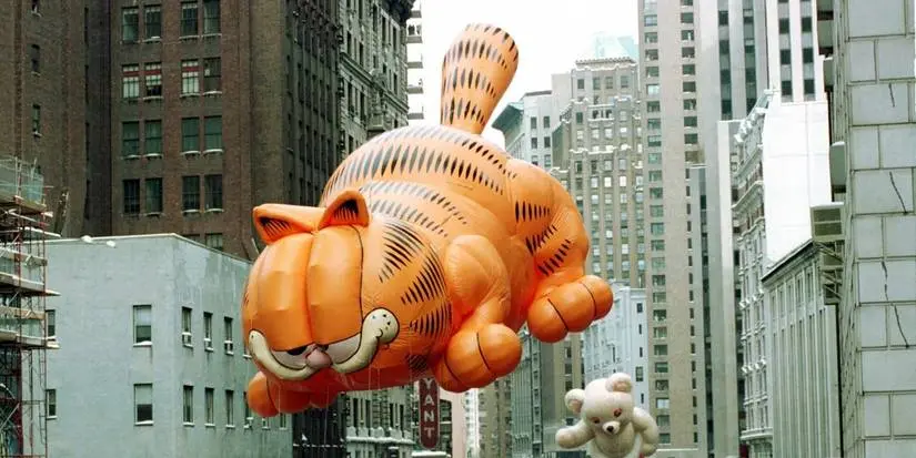 The Garfield balloon flies at the Macy's Thanksgiving Day Parade in the 1980s