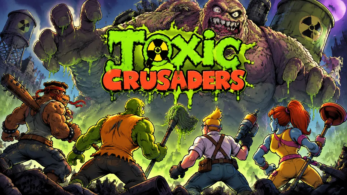 Четверо героев Toxic Crusaders в ретро-стиле beat ’em up готовятся к драке с огромным боссом