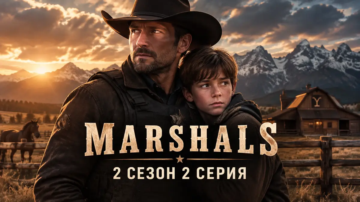 Кейси Даттон и сын Тейт на фоне ранчо в Монтане, постер сериала Marshals в стиле Йеллоустоуна