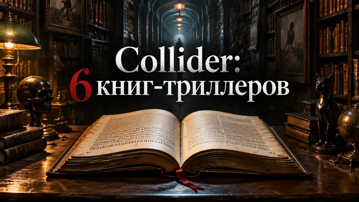 Книги-триллеры: тёмный антикварный магазин, раскрытая книга с перевёрнутым текстом и бесконечный коридор