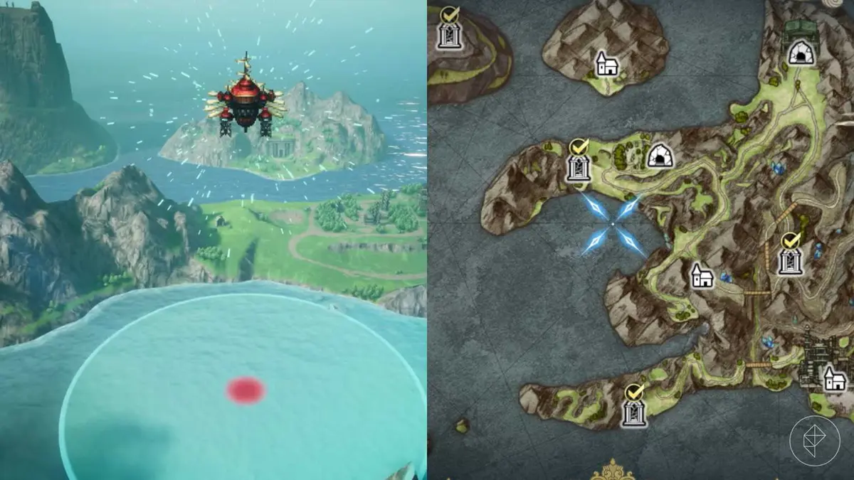 An airship scans a watery alcove in Final Fantasy Resonance.