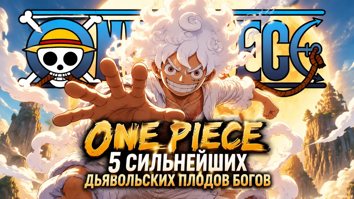 Монки Д. Луффи в форме Бога Солнца Ники на фоне логотипа One Piece