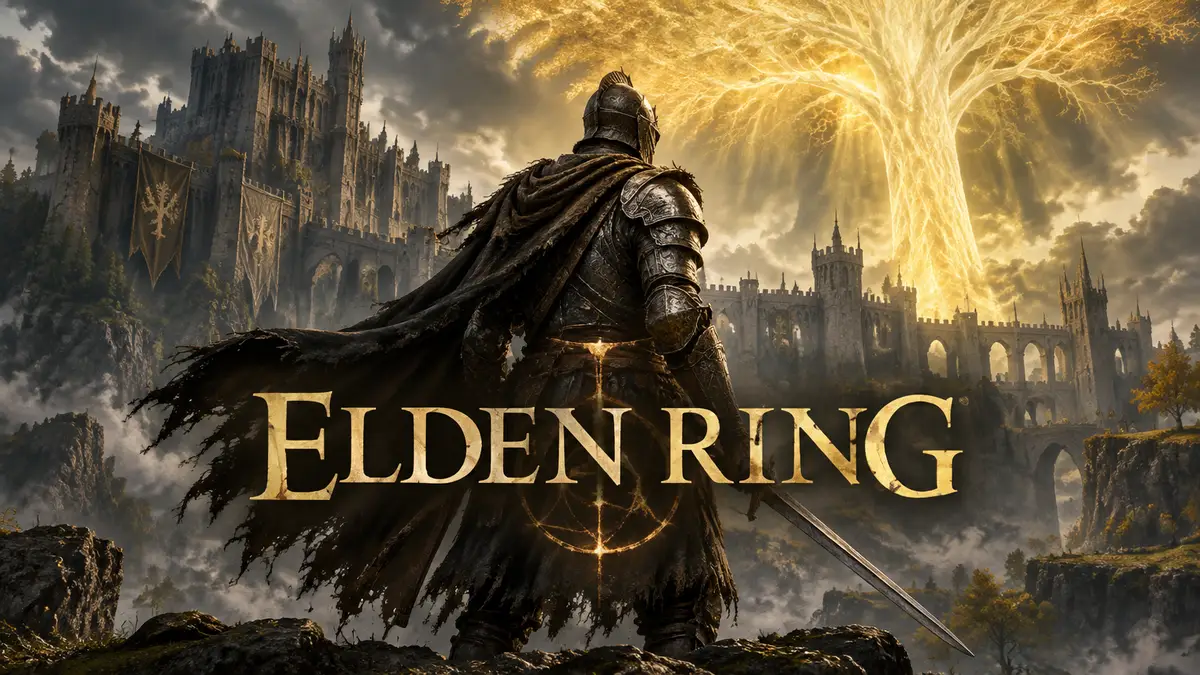 Постер фильма Elden Ring: рыцарь в доспехах на фоне замка Stormveil и золотого Древа Эрд, логотип Elden Ring