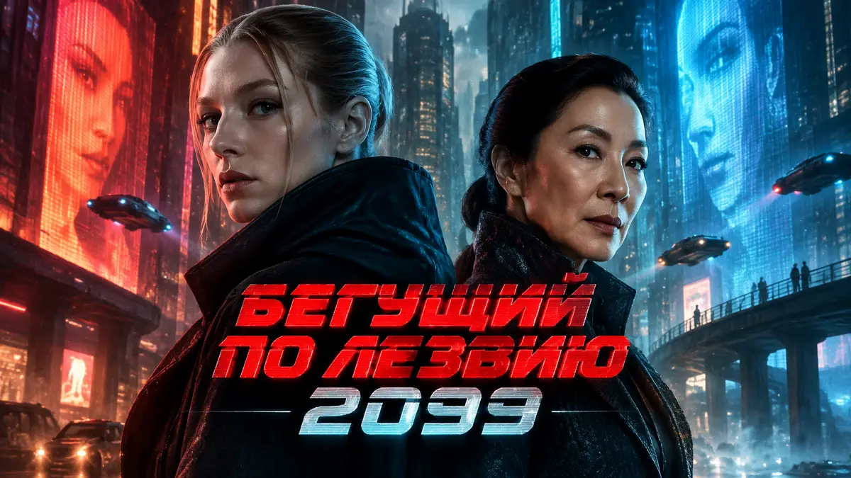 Хантер Шафер и Мишель Йео в неоновом футуристическом городе Blade Runner 2099