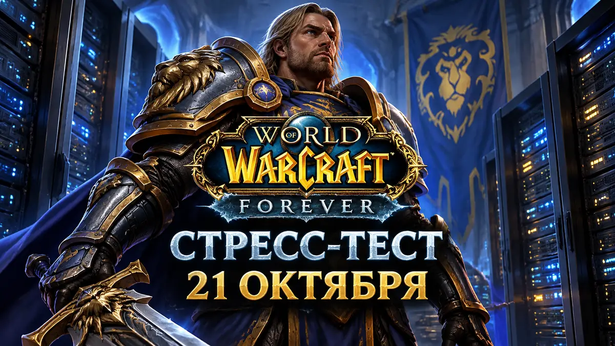 Воин Альянса в доспехах на фоне серверных стоек и логотипа World of Warcraft: Forever, стресс-тест