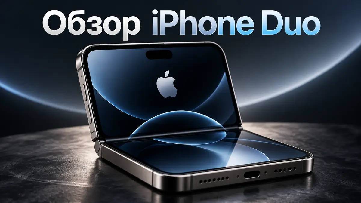 Складной смартфон iPhone Duo в полураскрытом виде крупным планом на стильном темном фоне