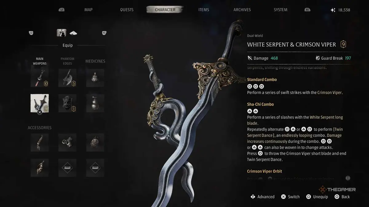 Phantom Blade Zero Weapon Screen Showing Combos