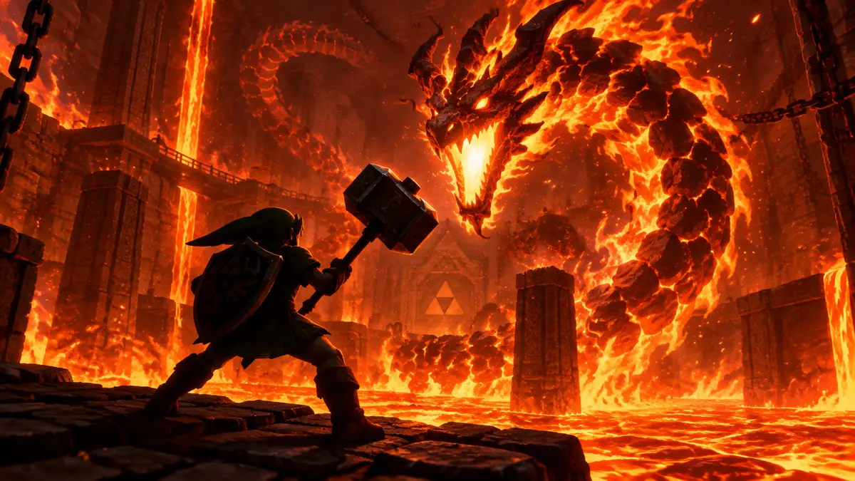 Линк с Megaton Hammer против огненного дракона Volvagia над лавой в Fire Temple, Zelda: Ocarina of Time