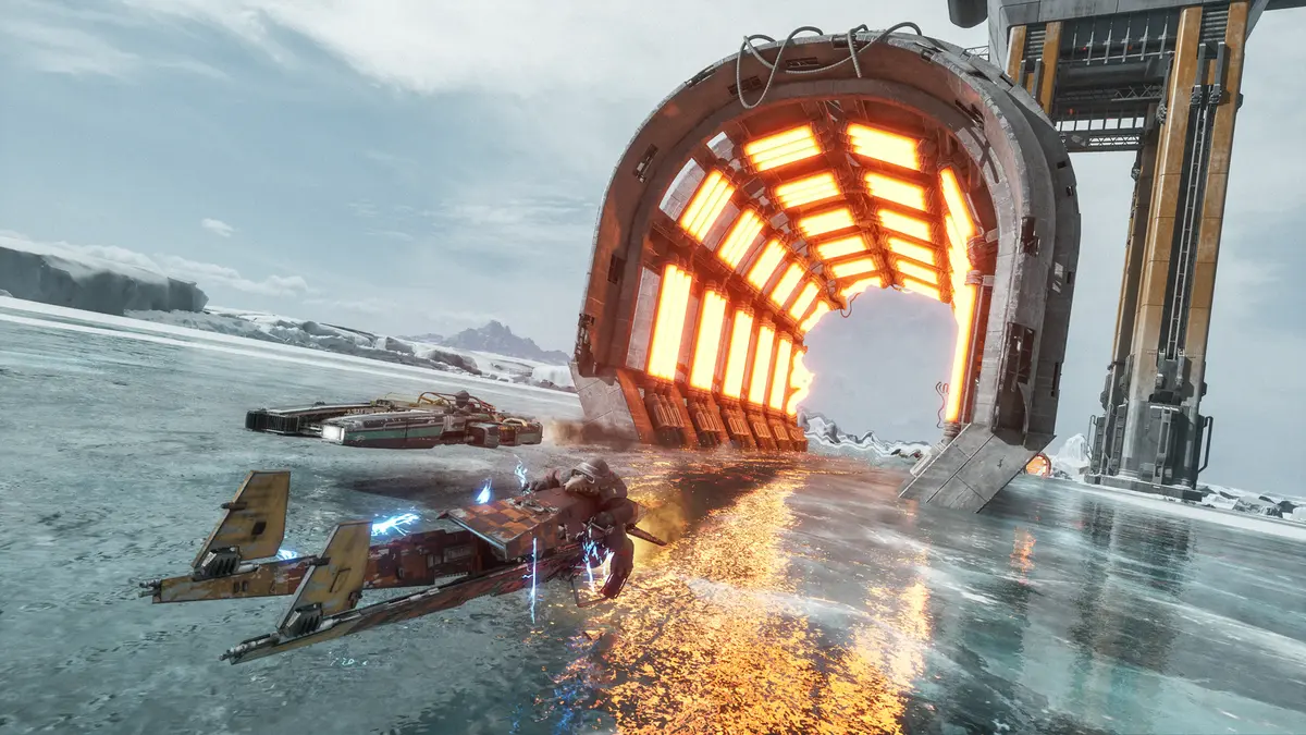 A speeder bike and a landspeeder race through a heat tunnel on an ice planet