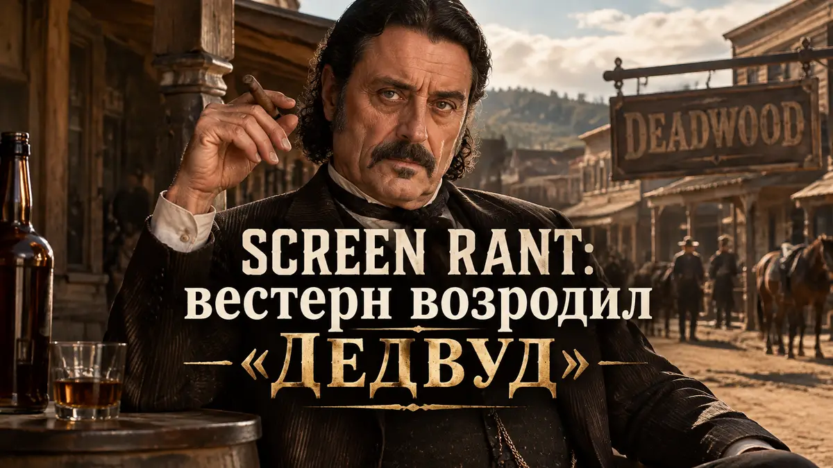Эл Сверенджен из сериала «Дедвуд» в жилете на фоне деревянного городка Дикого Запада, постер вестерна HBO