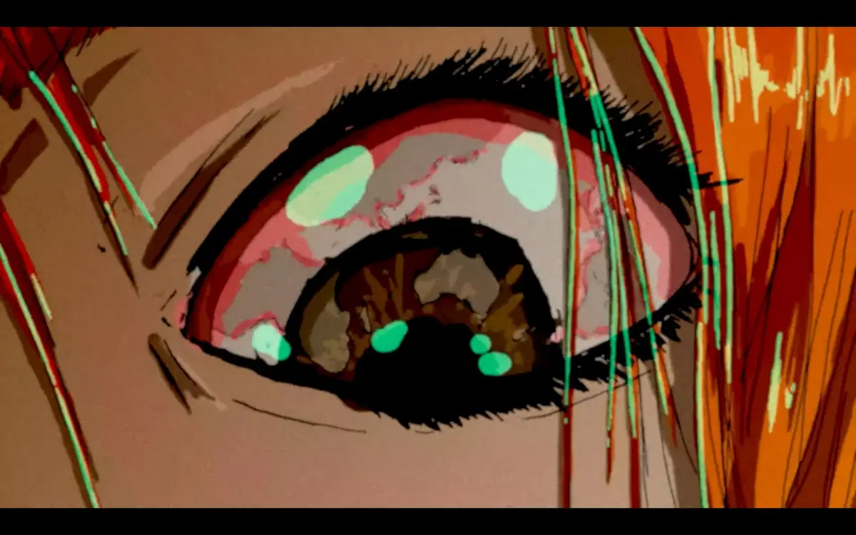 A close-up of a bloodshot eye, from Penguin Colony.