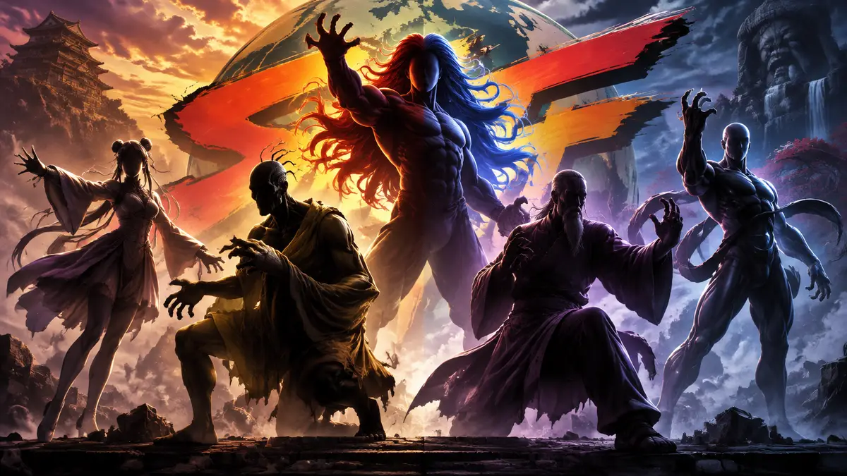 Ingrid, Oro, Gill, Gen и Seth в боевых стойках на фоне логотипа Street Fighter, стиль постера Capcom