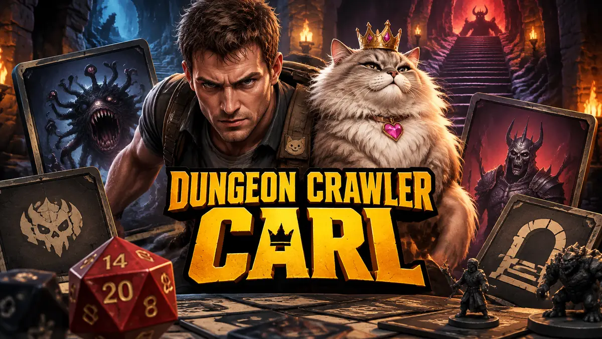 Карл и Princess Donut из Dungeon Crawler Carl на фоне игровых карт и мрачного подземелья с лестницей