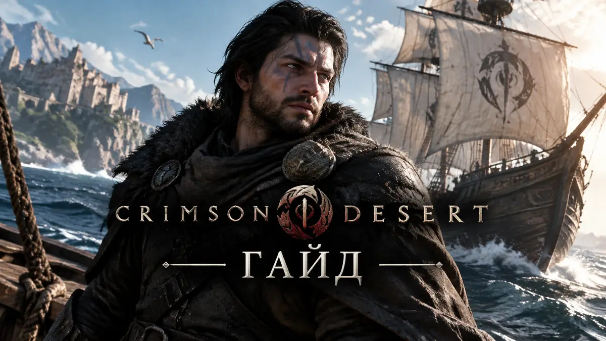 Главный герой игры Crimson Desert на фоне деревянного парусного корабля в океане