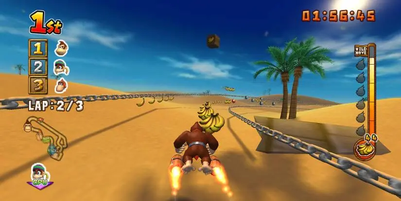 Donkey Kong competes in a race in Donkey Kong Barrel Blast for the Wii