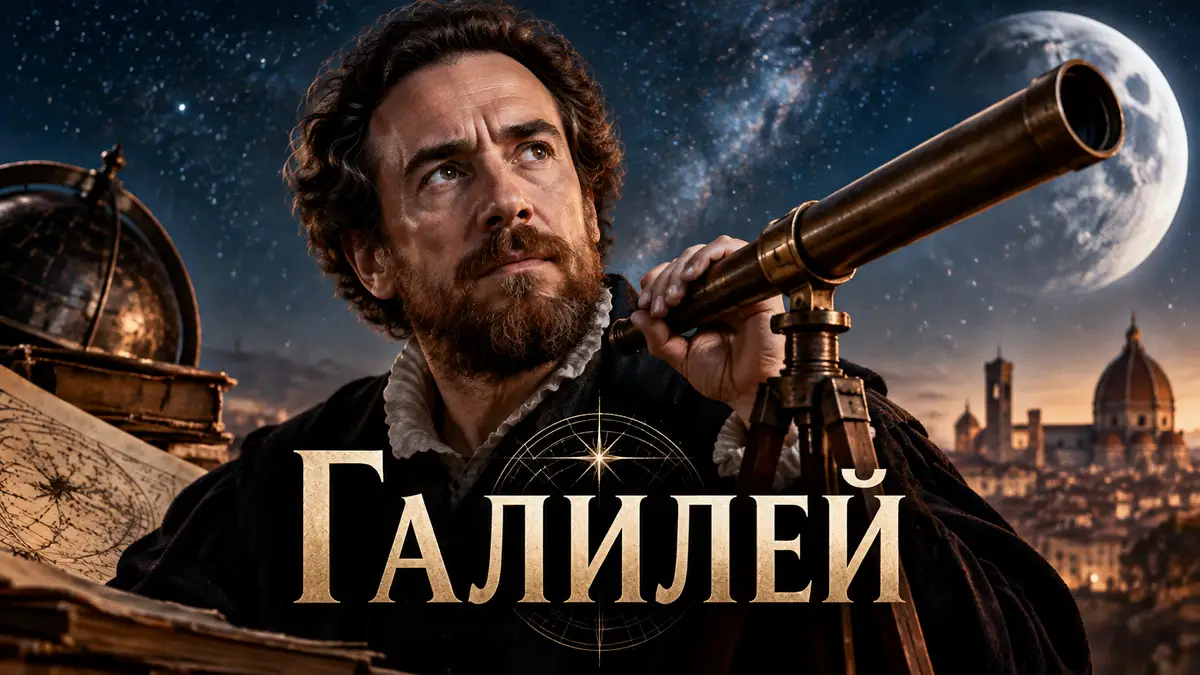 Элио Джермано в образе Галилео Галилея с телескопом на фоне звёздного неба, постер фильма «Галилей»