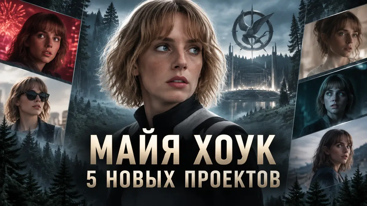 Майя Хоук в образе Вайресс из «Голодных игр» на фоне туманного леса и арены, постер с её проектами